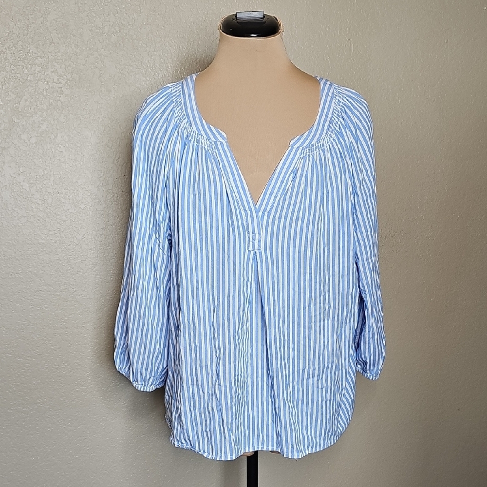 crown & ivy Blue and White Striped Peasant Blouse